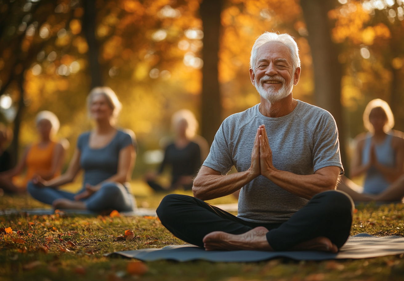 Група възрастни хора практикуват йога в спокойна среда